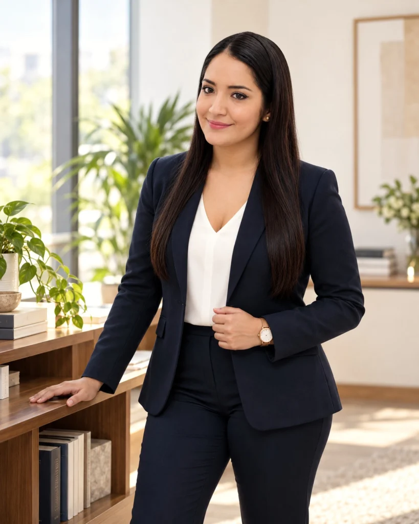 Econ. Karen Argandoña de pie en su oficina, junto a un estante con libros