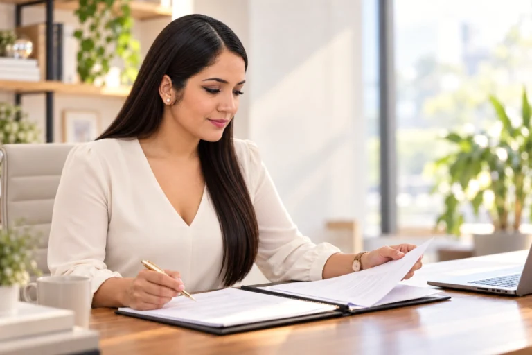 Econ. Karen Argandoña en su escritorio, revisando documentos