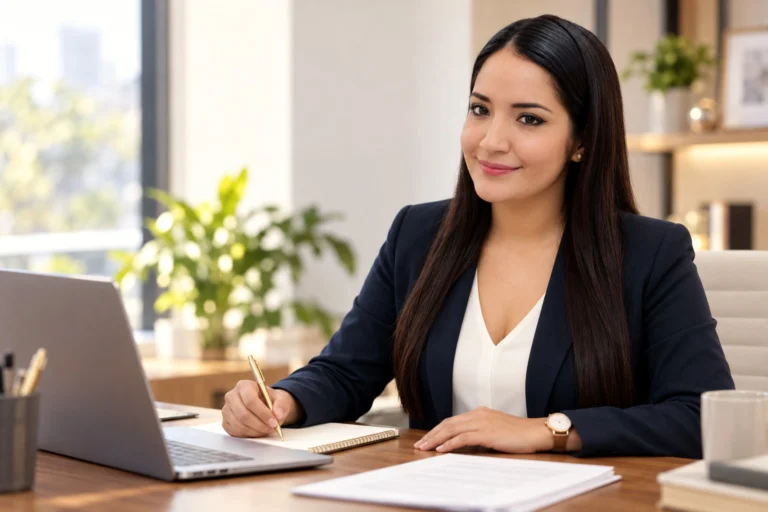 Econ. Karen Argandoña en su escritorio, tomando notas junto a su laptop
