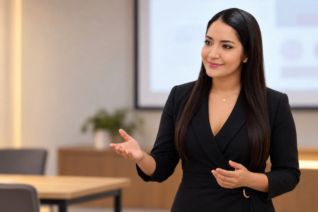 Econ. Karen Argandoña explica un tema en una sala de capacitación