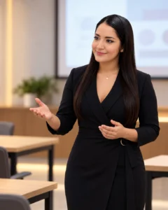 Econ. Karen Argandoña explica un tema en una sala de capacitación